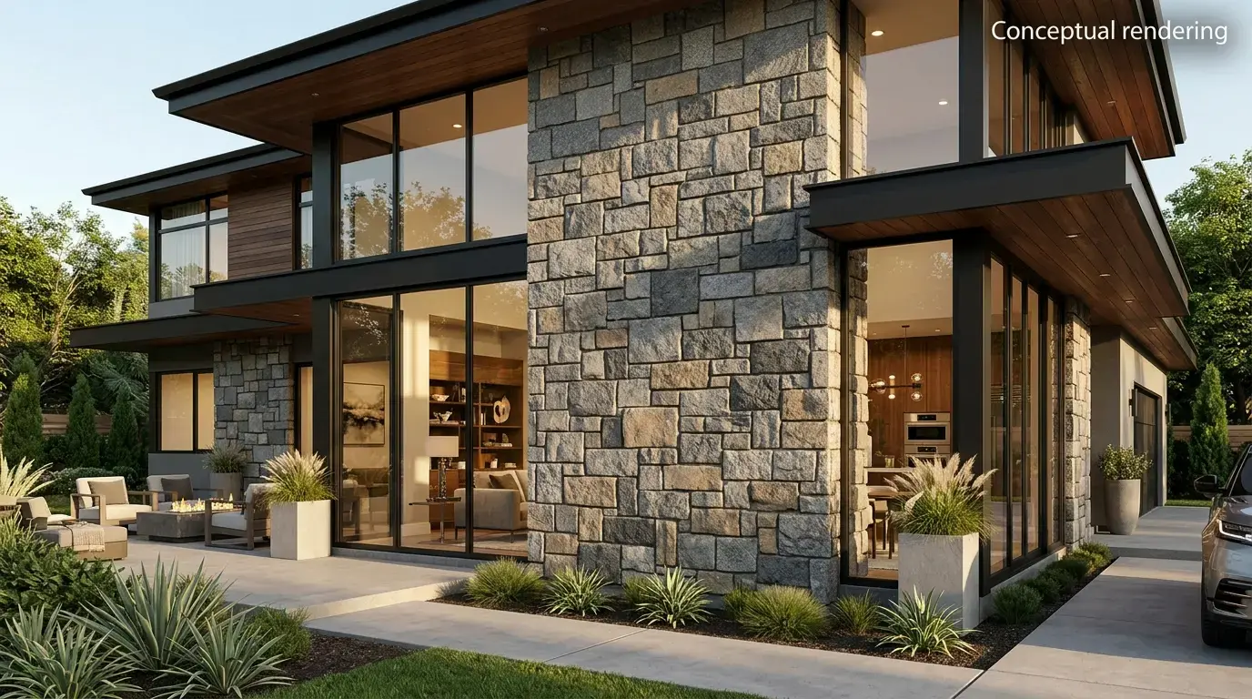 Conceptual rendering of a random ashlar granite siding pattern on a home facade
