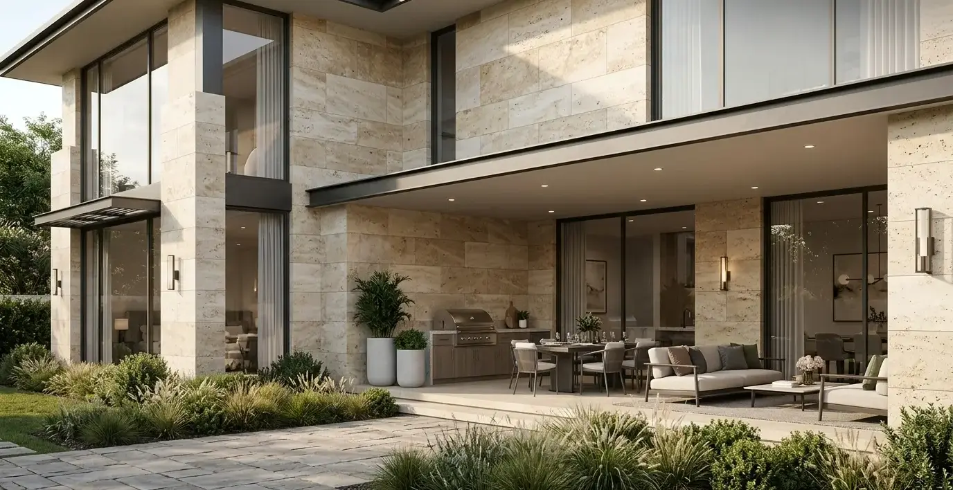 Conceptual rendering of travertine wall cladding on a shaded, north-facing home exterior.