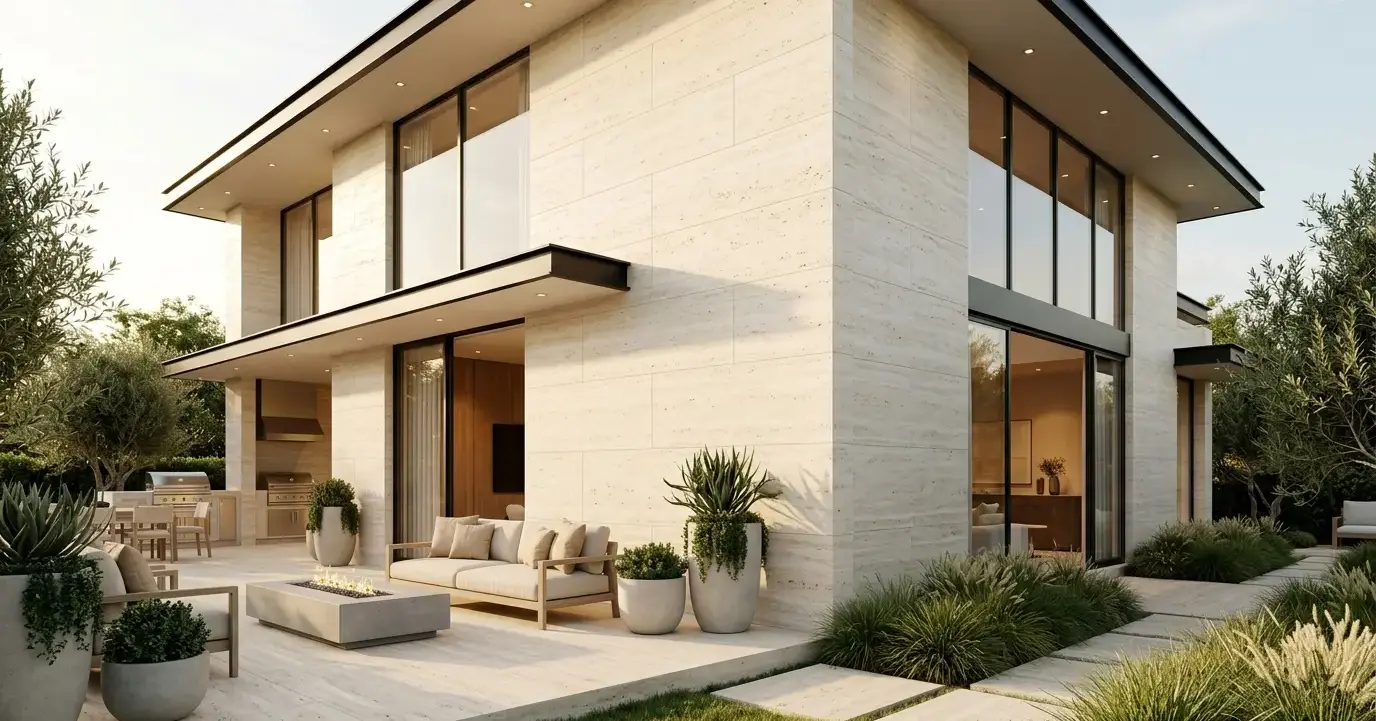 Conceptual rendering of honed ivory travertine stonework cladding a modern house exterior wall.