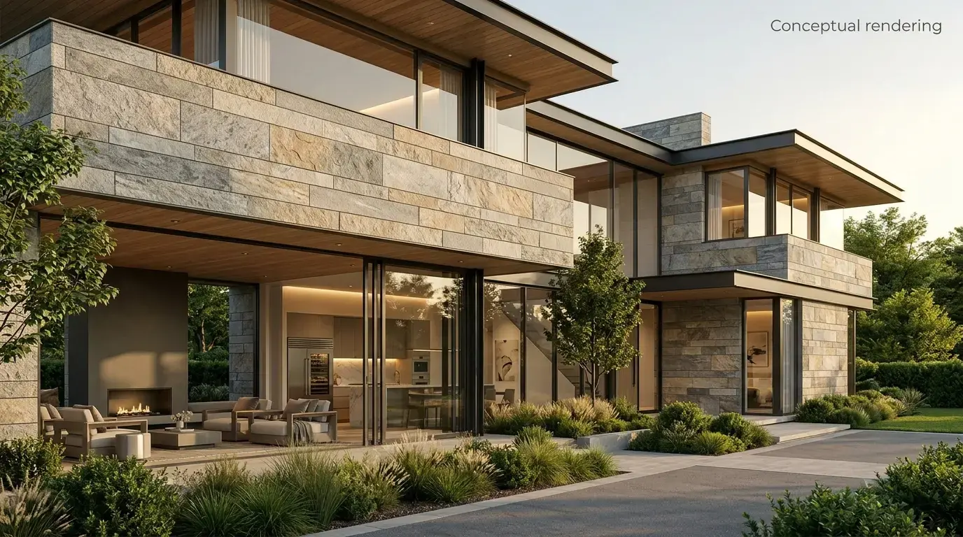 Conceptual rendering of natural stone siding panels in horizontal coursing on a contemporary facade.