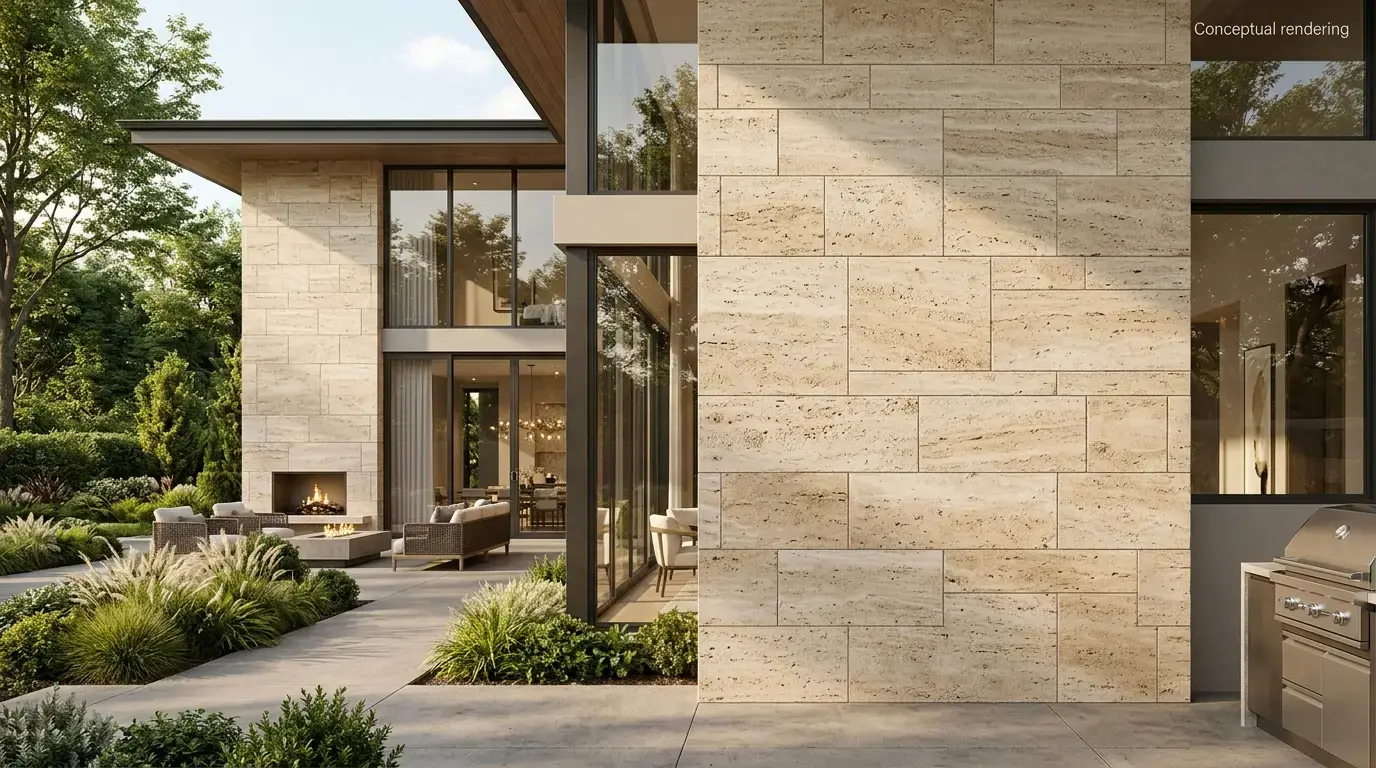 Conceptual rendering of coursed ashlar travertine pattern on a house exterior wall