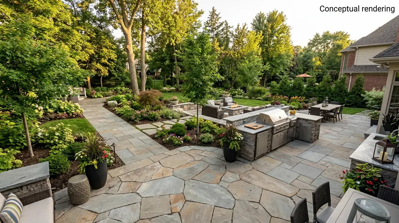 Conceptual rendering of hardscape patio walkway.