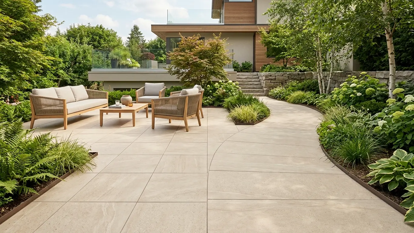 Conceptual rendering of a modern outdoor living space with large beige pavers, wooden furniture, and greenery.