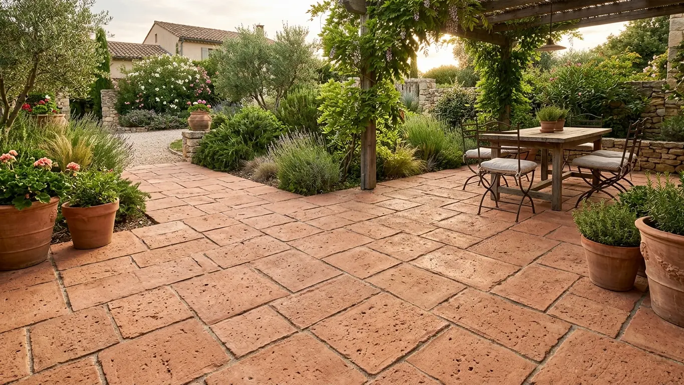 Conceptual rendering of terracotta pavers with a textured, tumbled surface installed on an outdoor patio.