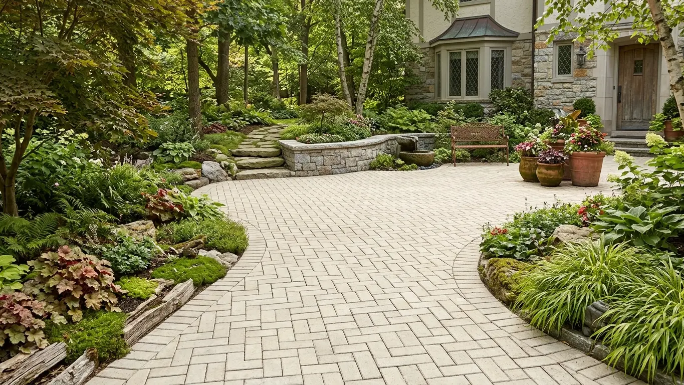 Conceptual rendering of an ivory paver patio laid in a herringbone pattern surrounded by garden landscaping.