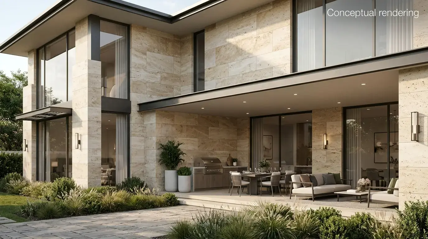 Conceptual rendering of travertine stone veneer use as a wall cladding in a shaded exterior.