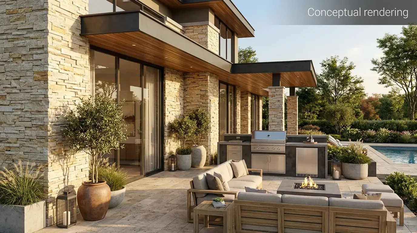 Conceptual rendering of golden beige quartzite splitface wall cladding in an exterior facade.