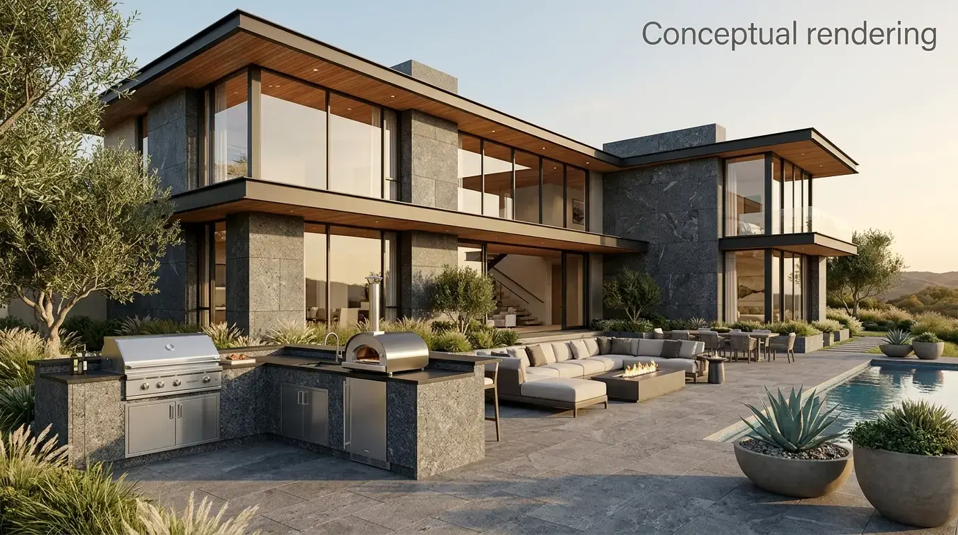 Conceptual rendering of outdoor stone siding steel grey granite.