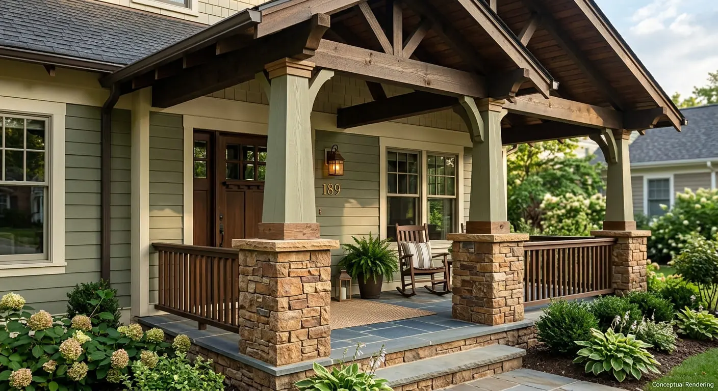 Conceptual rendering of sage green house with stacked stone porch columns.