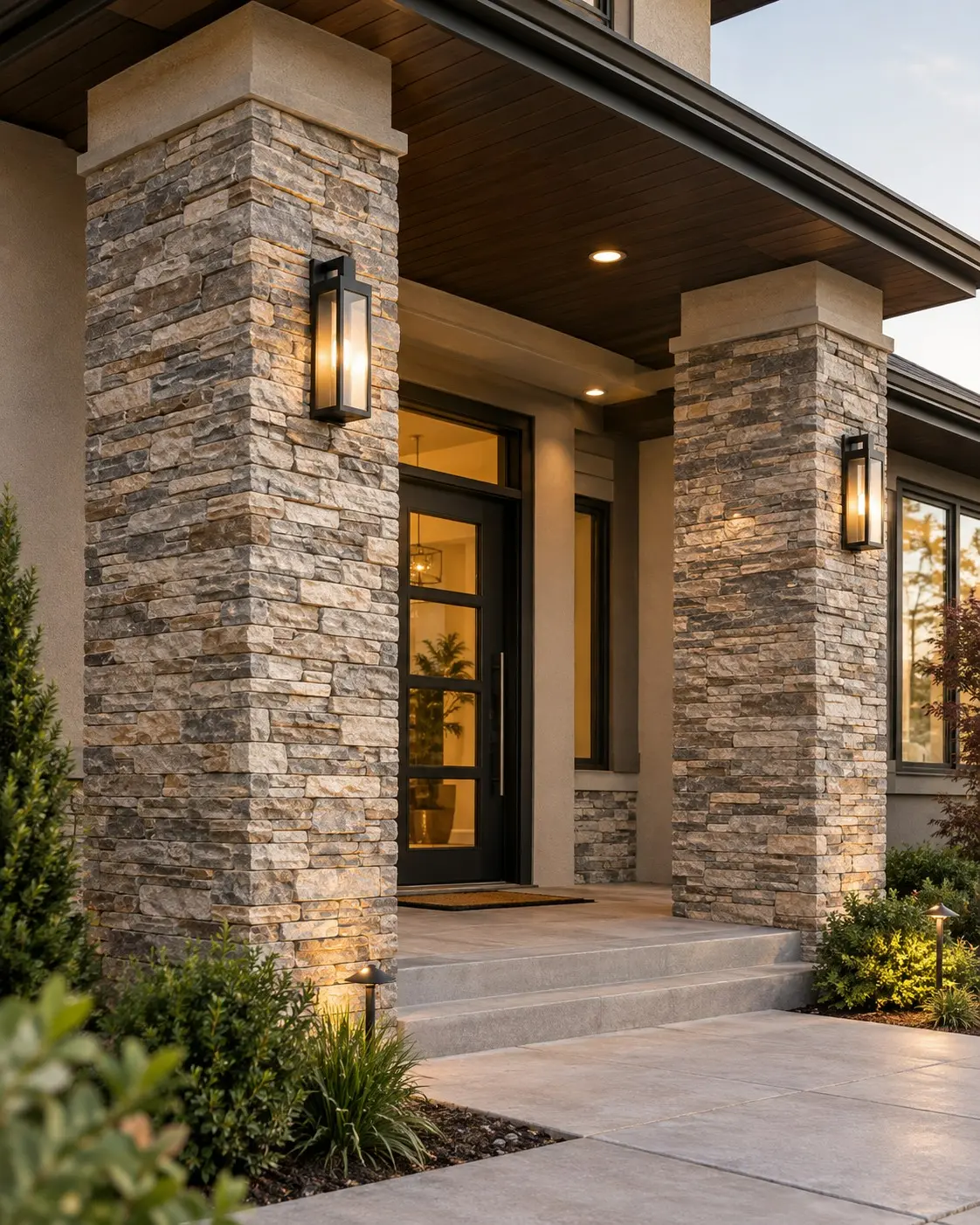 Conceptual rendering of a stone veneers on a coloumns and entrance of a house exterior.