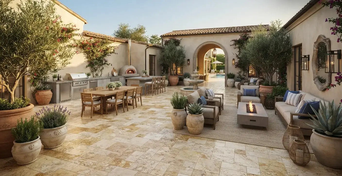 Conceptual rendering of a courtyard patio featuring travertine pavers in an ashlar pattern.