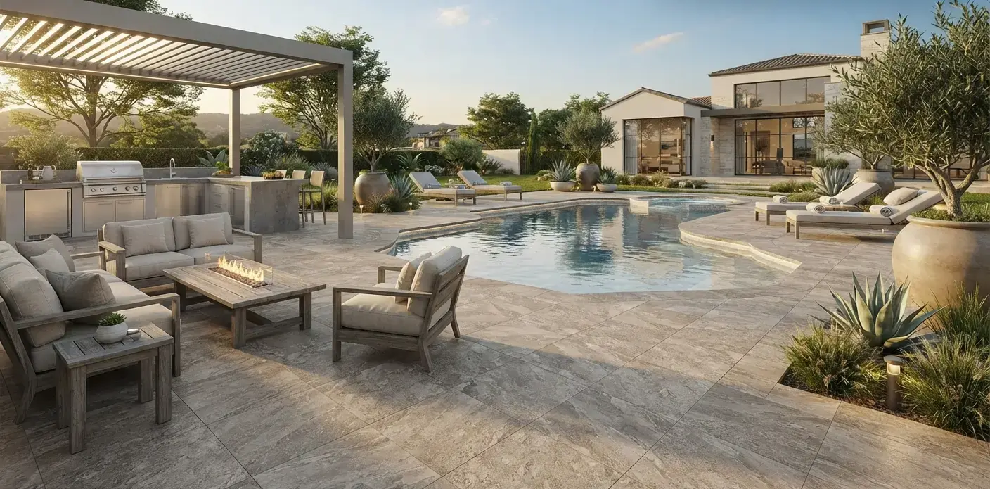 Conceptual rendering of a pool deck using textured porcelain pavers for slip resistance.