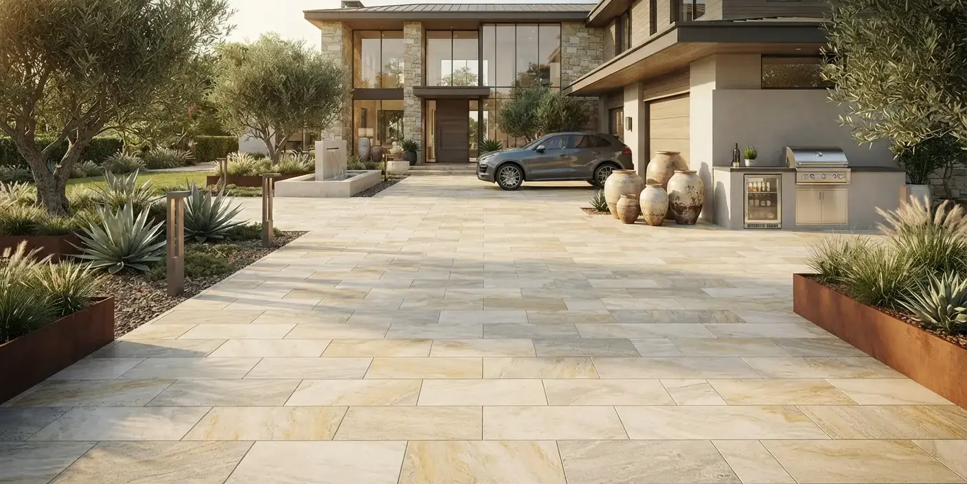 Conceptual rendering of a driveway made with quartzite pavers in a running bond layout.