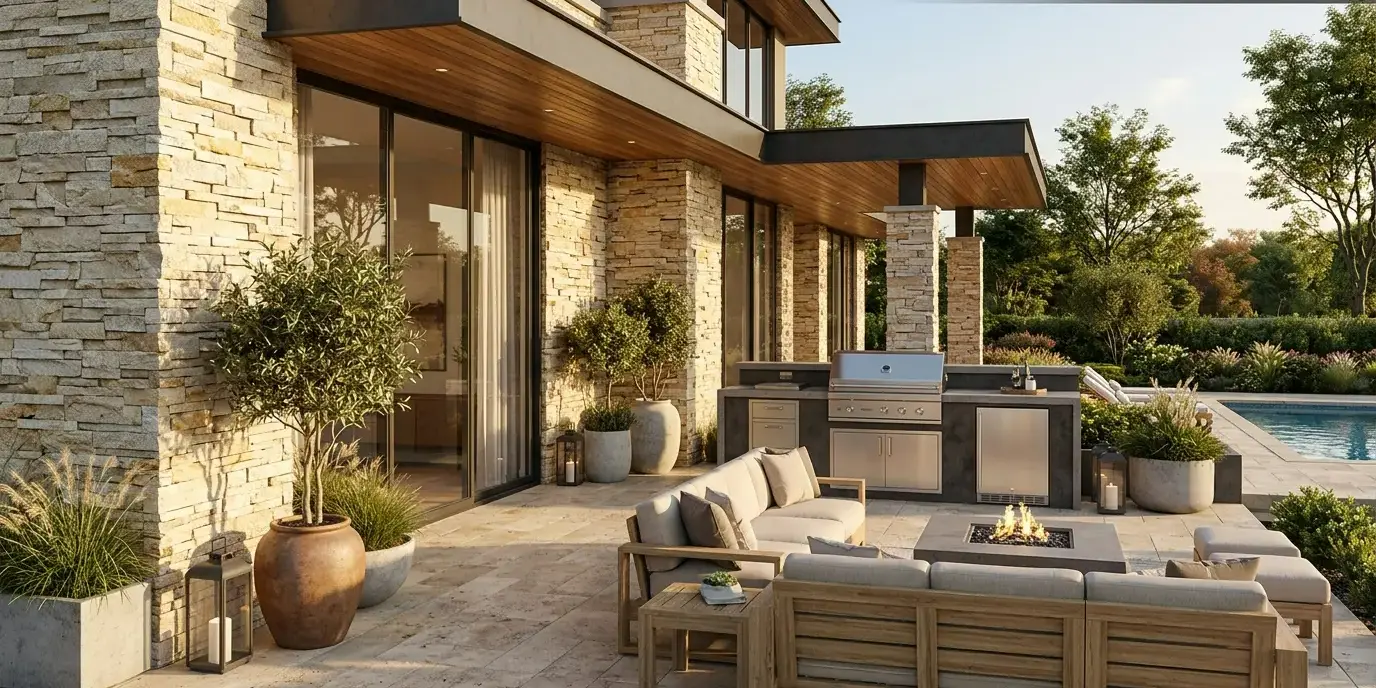 Conceptual rendering of a modern home with stacked stone veneer walls and columns, a travertine patio, outdoor kitchen, fire pit, and pool.