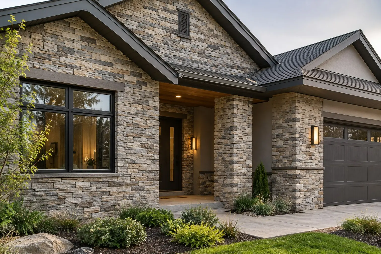Conceptual rendering of a ranch-style home's front facade clad in gray and tan stone veneer.