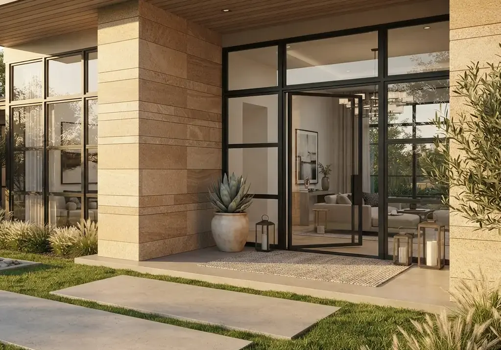 Conceptual rendering of warm buff granite accent courses on a home entry column beside dark window frames.