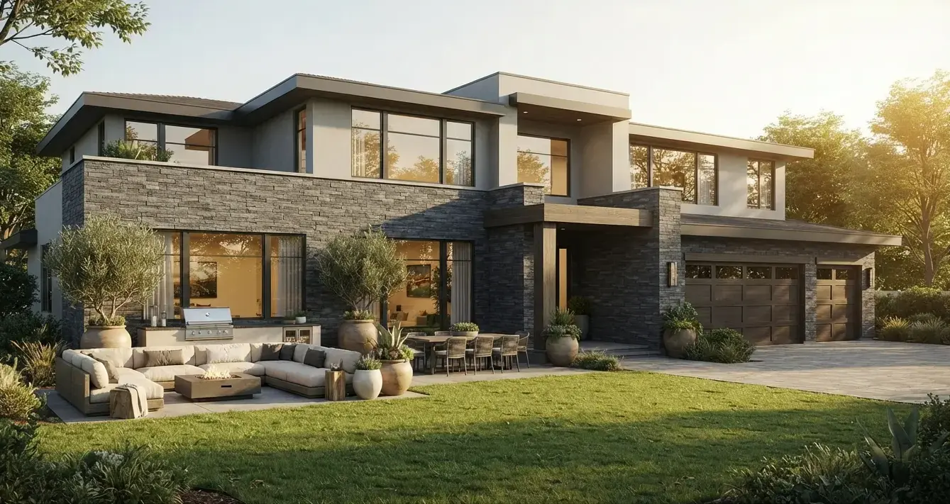 Conceptual rendering of a two-story house with charcoal gray split-face granite exterior stone veneer in a stacked ledgestone pattern.
