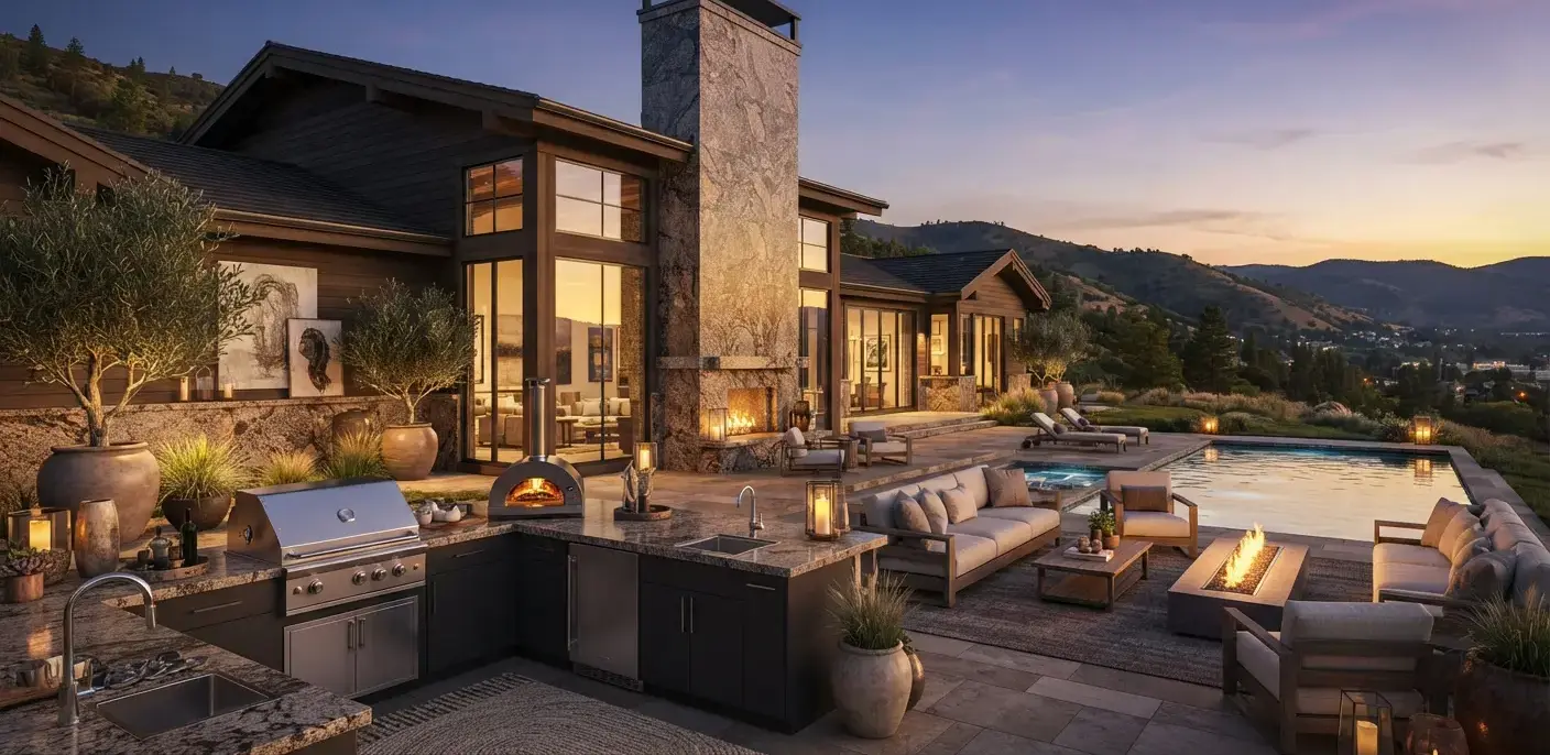 Conceptual rendering of granite wainscot and chimney cladding on a Sierra foothills home at dusk.