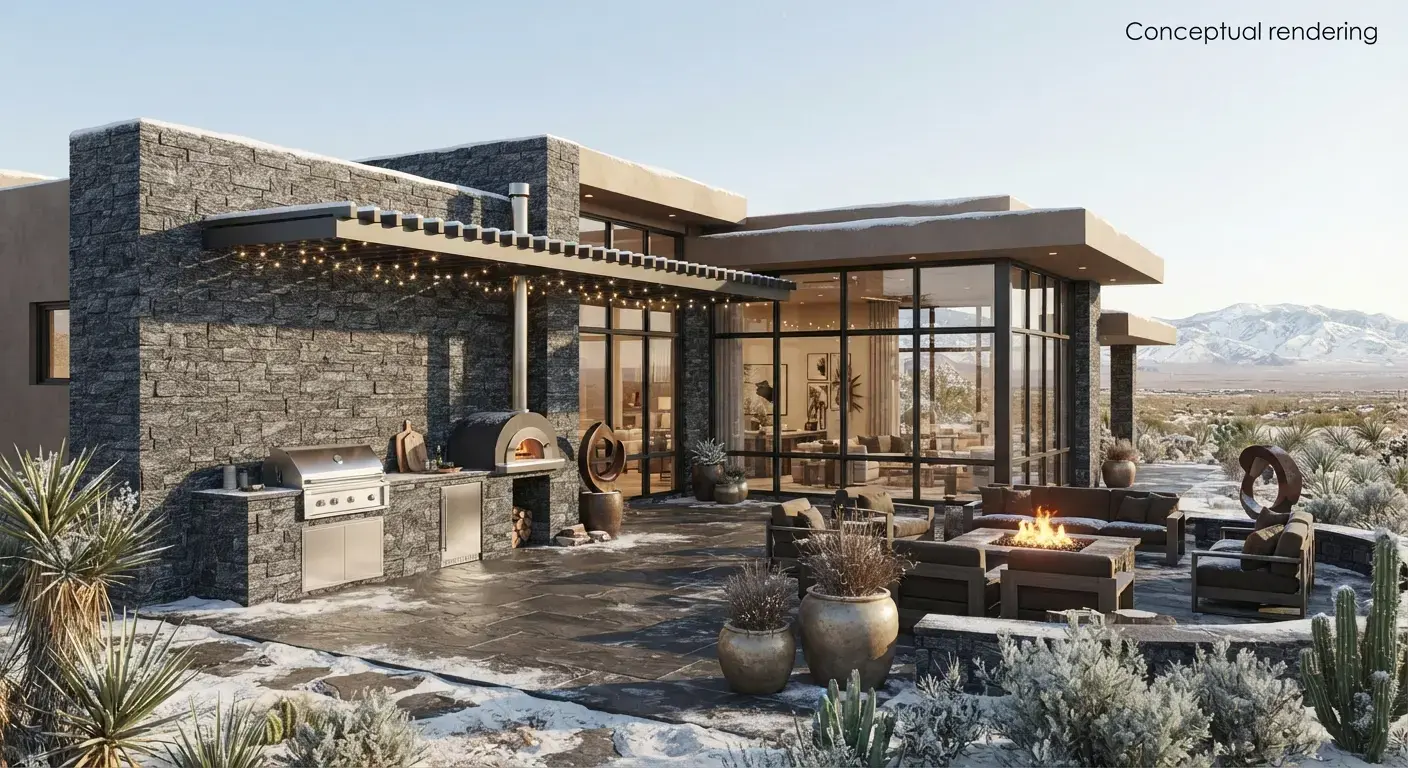 Conceptual rendering of charcoal gray split-face granite veneer on a high desert home with snow.