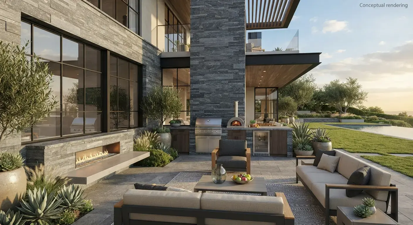 Outdoor stone facade in honed slate grey quartzite wall cladding on a modern home exterior.