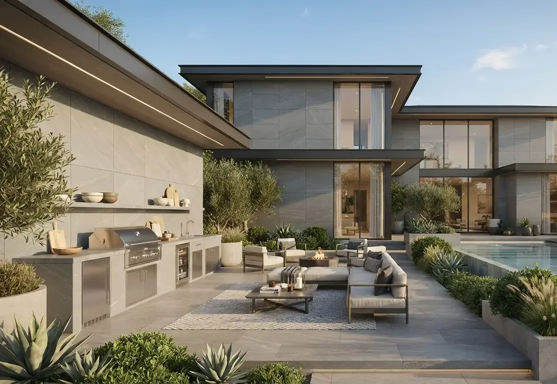 Conceptual rendering of a modern home outdoor stone facade in honed slate grey quartzite panels.