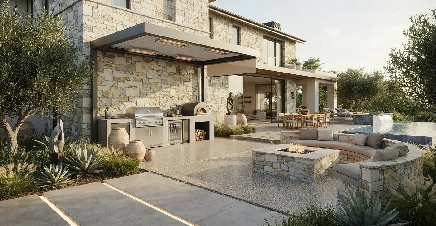 Conceptual rendering of a courtyard outdoor stone facade with random ashlar quartzite cladding