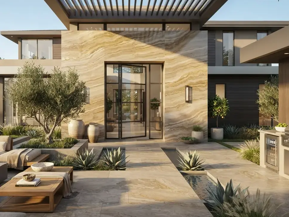 Conceptual rendering of an entry wall outdoor stone facade accent using warm taupe quartzite veining.