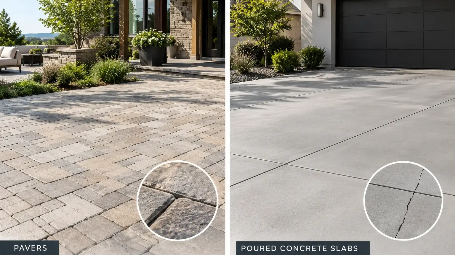 Conceptual rendering of side-by-side comparison of pavers and poured concrete slabs in residential outdoor spaces.