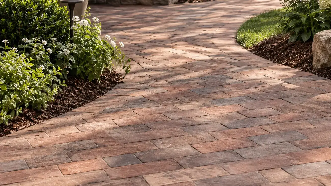 Conceptual rendering of brick-shaped pavers creating a rustic garden pathway surrounded by lush landscaping.