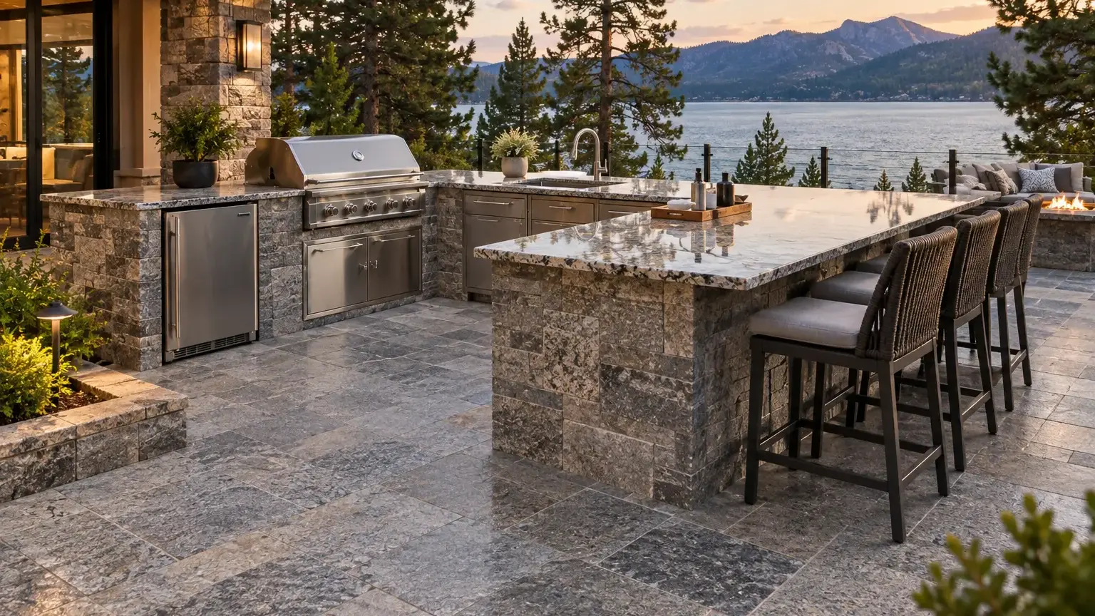 Conceptual rendering of outdoor kitchen with granite paver patio overlooking a lake.