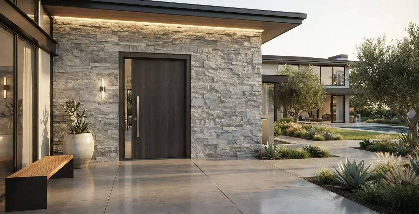Silver gray quartzite ledger stone panels cladding a modern home entryway wall.