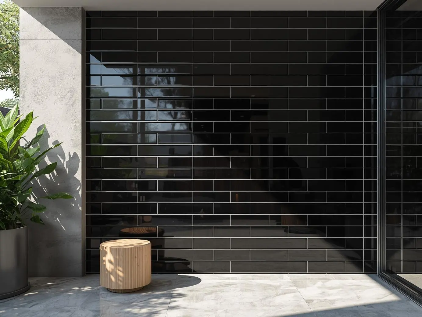 Black subway tiles on a terrace wall with modern interior design.