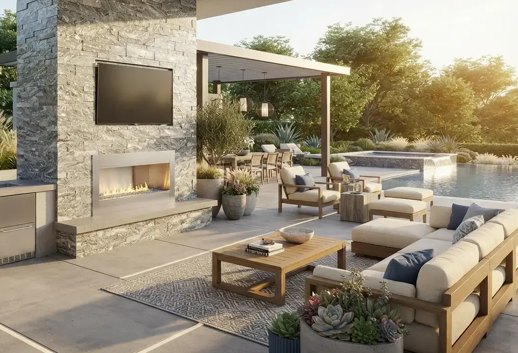 Conceptual rendering of a ledger stone clad outdoor fireplace surround in silver gray quartzite.