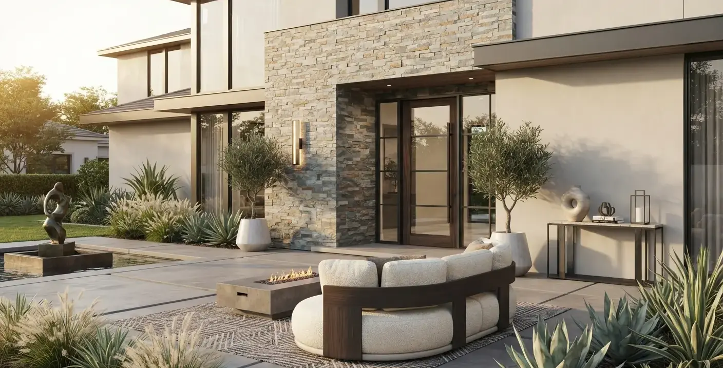 Conceptual rendering of a ledger stone accent wall framing a modern entryway.