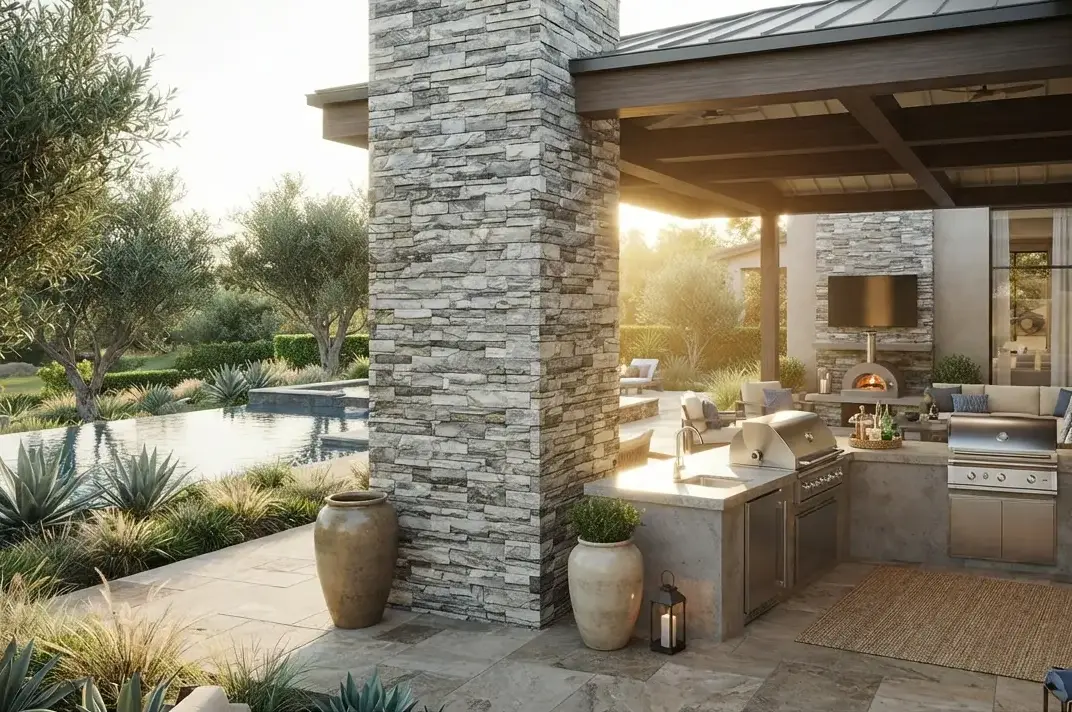 Conceptual rendering of a ledger stone column wrap beside a covered patio.