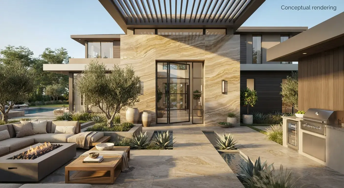Conceptual rendering of quartzite stone in entry facade.