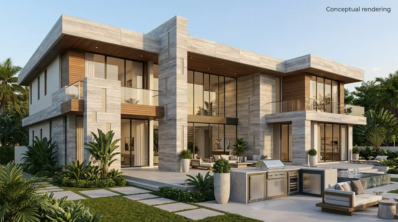 Conceptual rendering of a modern two-story home with a gray vein-cut travertine stone facade, wood accents, and floor-to-ceiling glass.