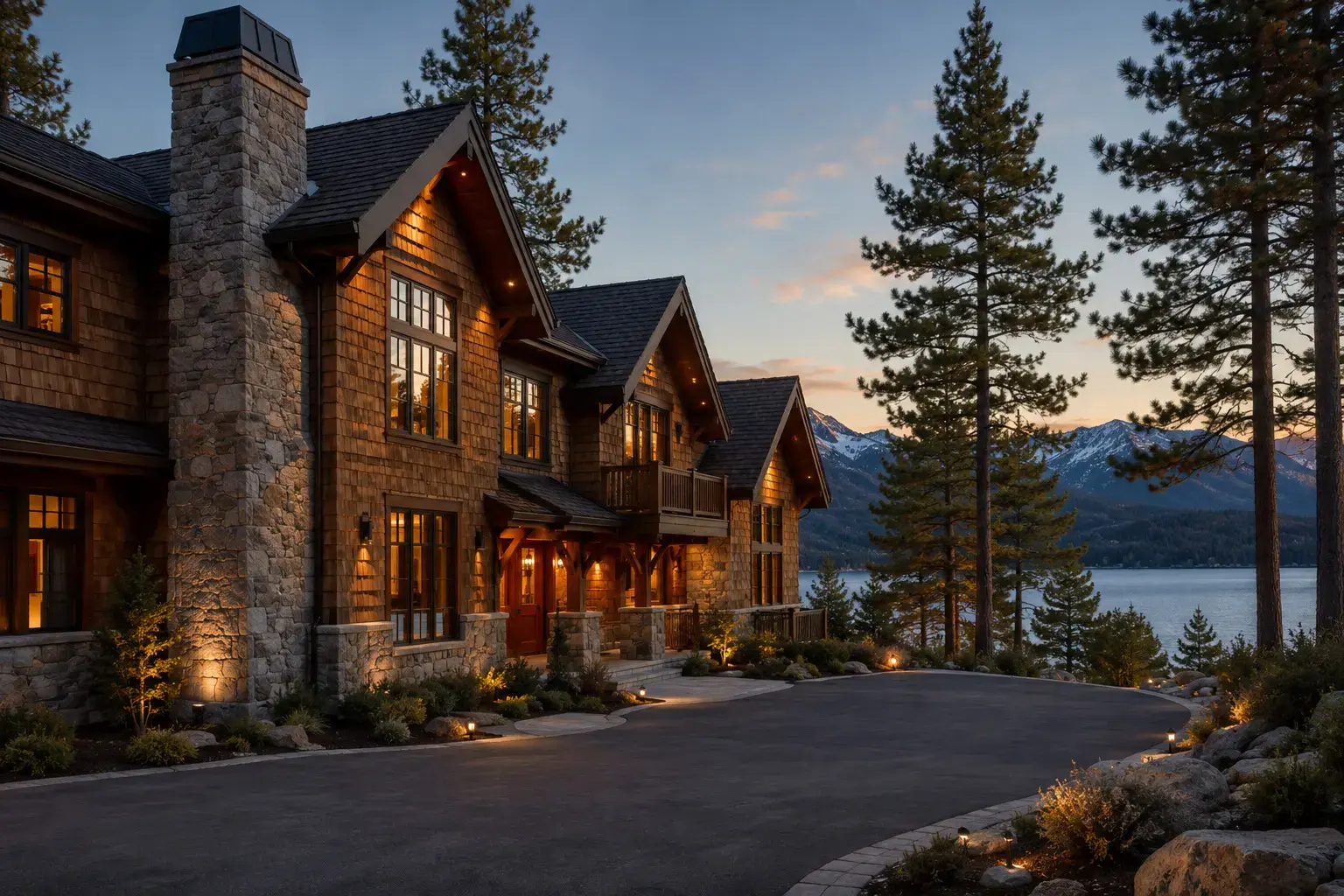 Conceptual rendering of a lakeside mountain home with a gray fieldstone facade on the chimney and lower walls, lit at dusk.