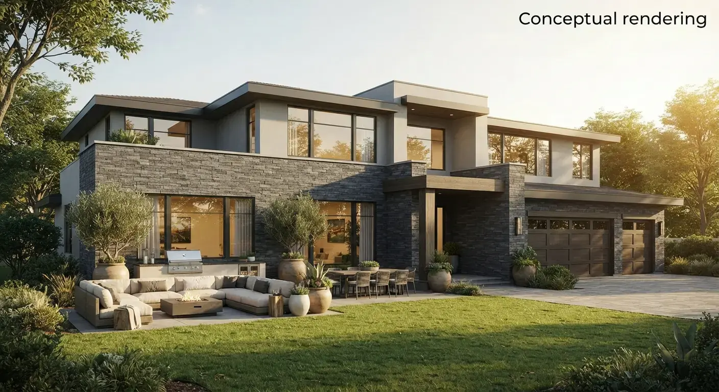 Conceptual rendering of stone veneer charcoal granite in house facade.