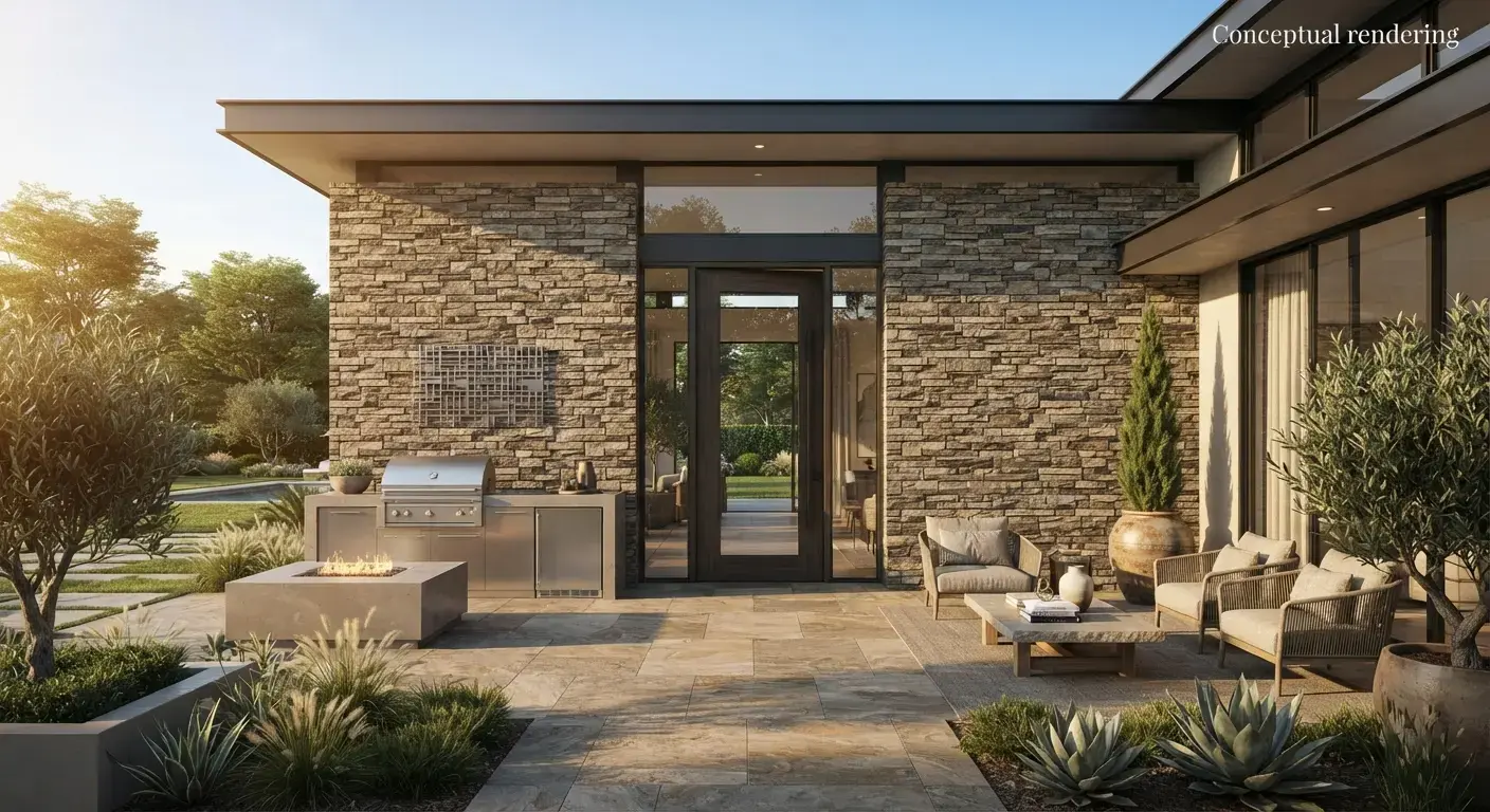 Conceptual rendering of a Stacked Stone Facades entry wall.