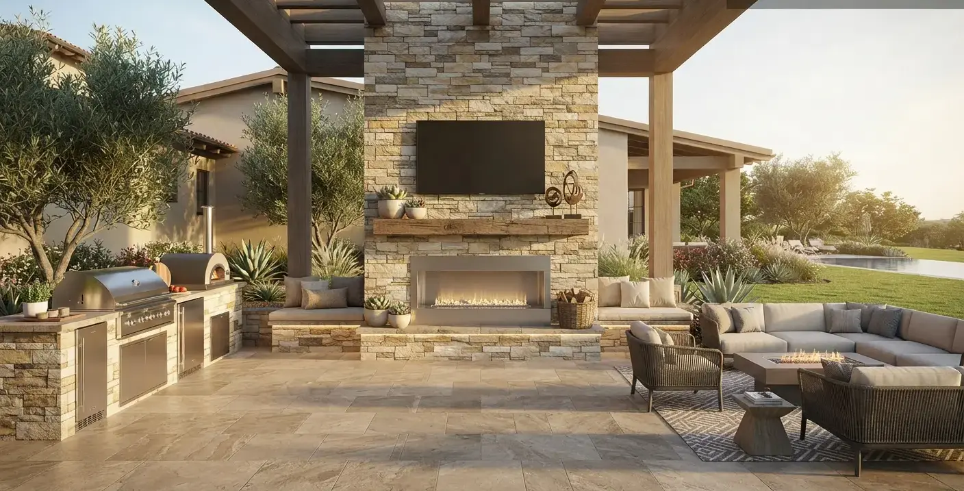 Conceptual rendering of a Stacked Stone Facades fireplace surround.