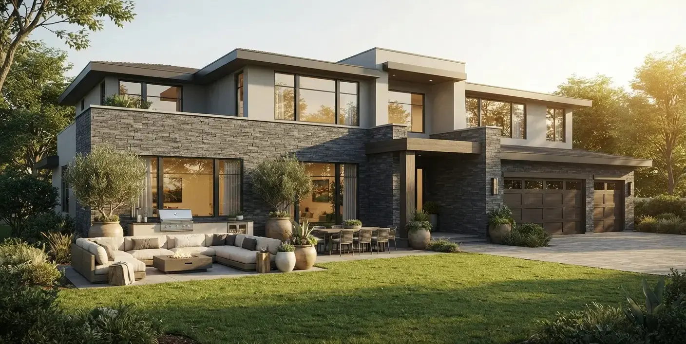 Conceptual rendering of modern home exterior with granite stone facade.