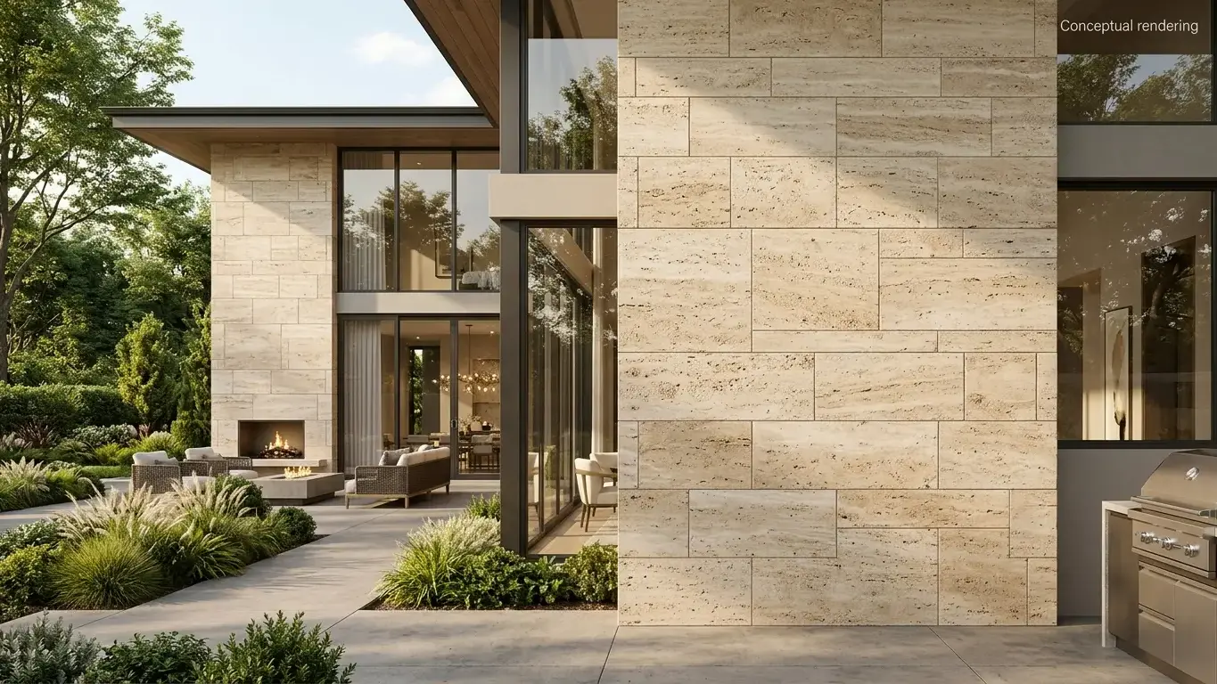 Conceptual rendering of travertine exterior wall in an ashlar pattern on a modern home.