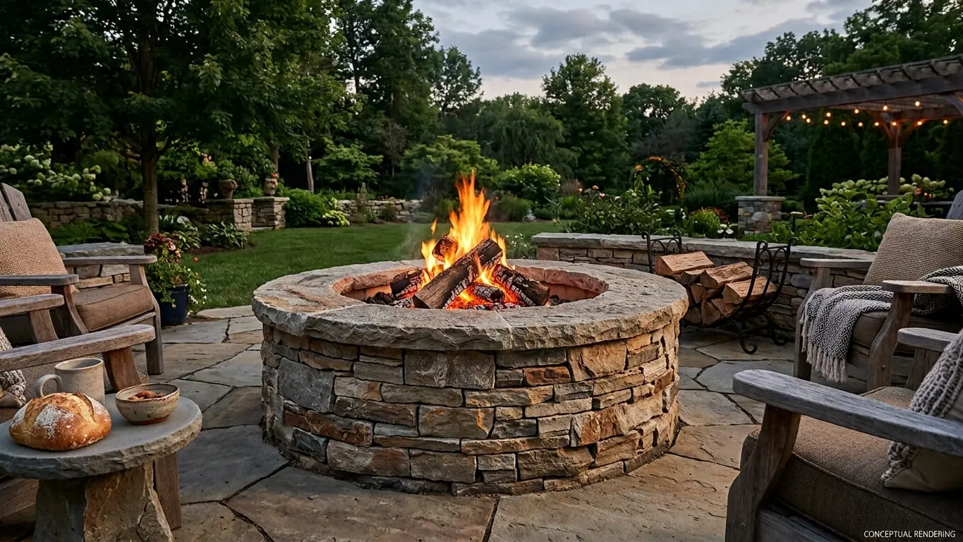Conceptual rendering of quartzite stacked stone in outdoor fire pits.