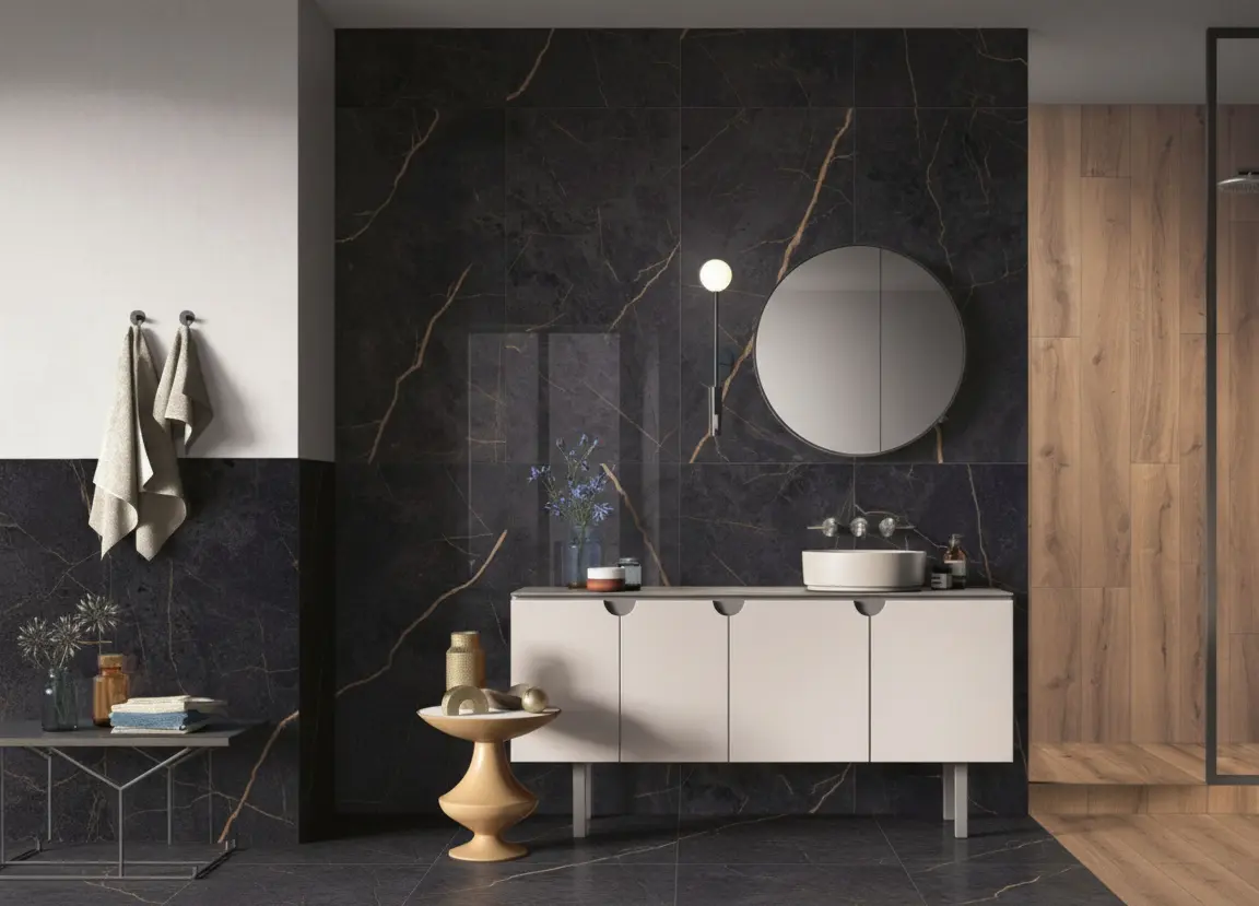 Conceptual rendering of dramatic bathroom design with large black marble wall tile.