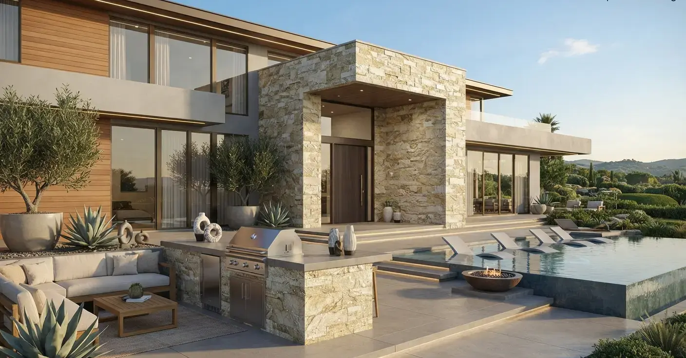 Exterior ledger stone quartzite cladding panels on a modern home facade.