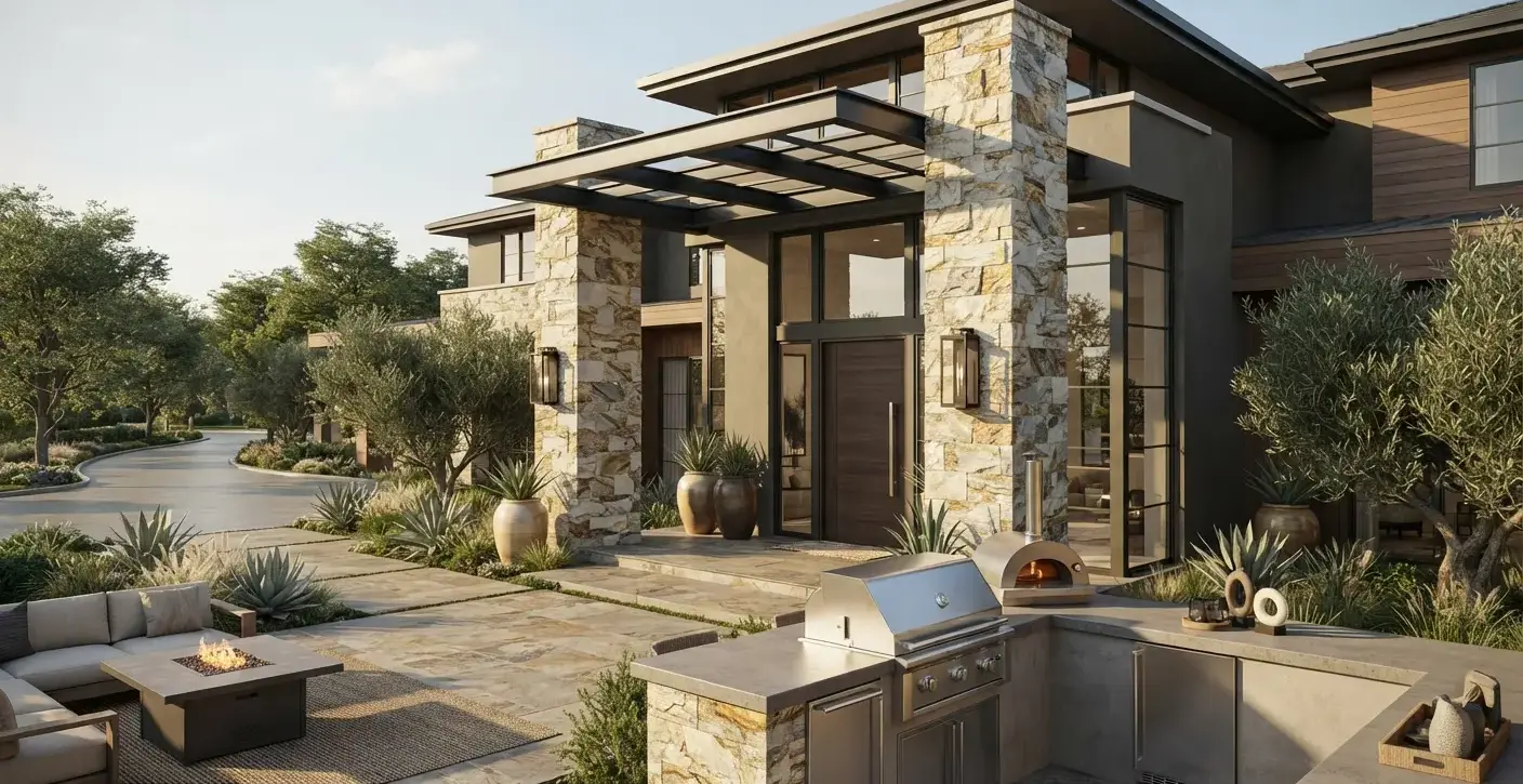 Conceptual rendering of exterior ledger stone quartzite cladding on entry columns.