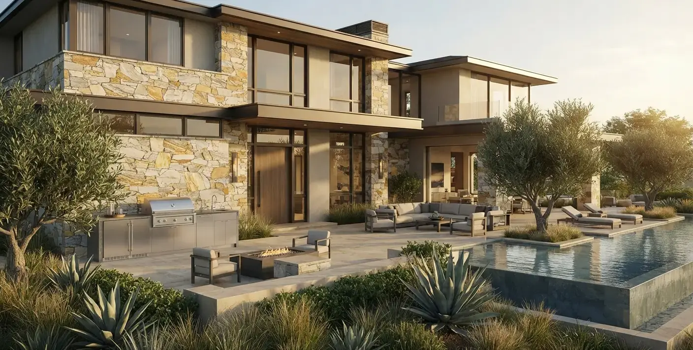 Conceptual rendering of an exterior ledger stone quartzite facade on a modern home.