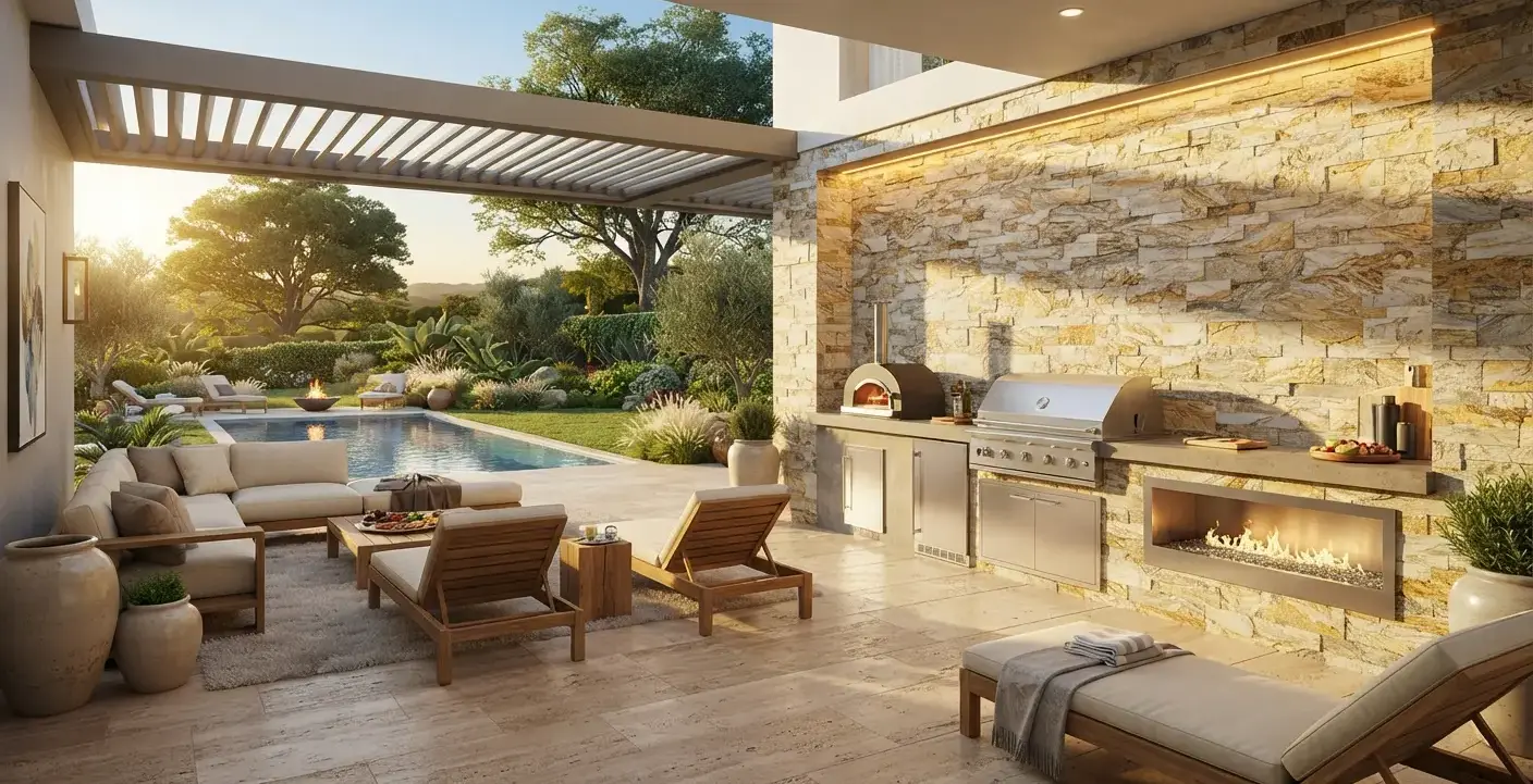 Conceptual rendering of an exterior ledger stone quartzite accent wall with warm lighting.