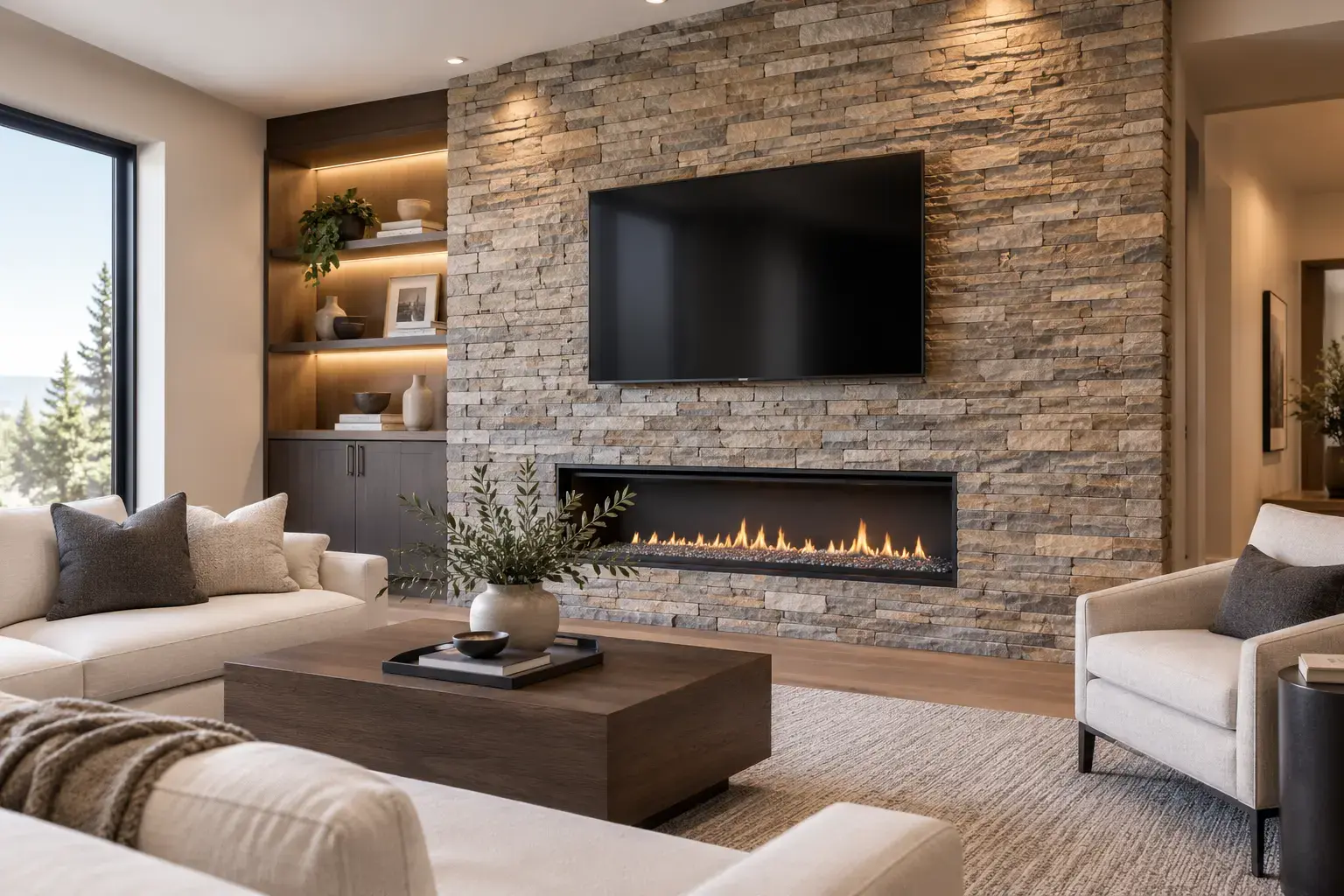 Conceptual rendering of interior ledger stone accent wall in a modern living room.